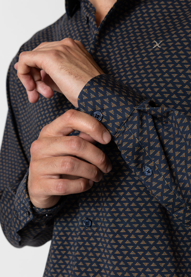 Clean Cut Copenhagen Clean formal printed stretch shirt Skjorte L/S Navy/Brown