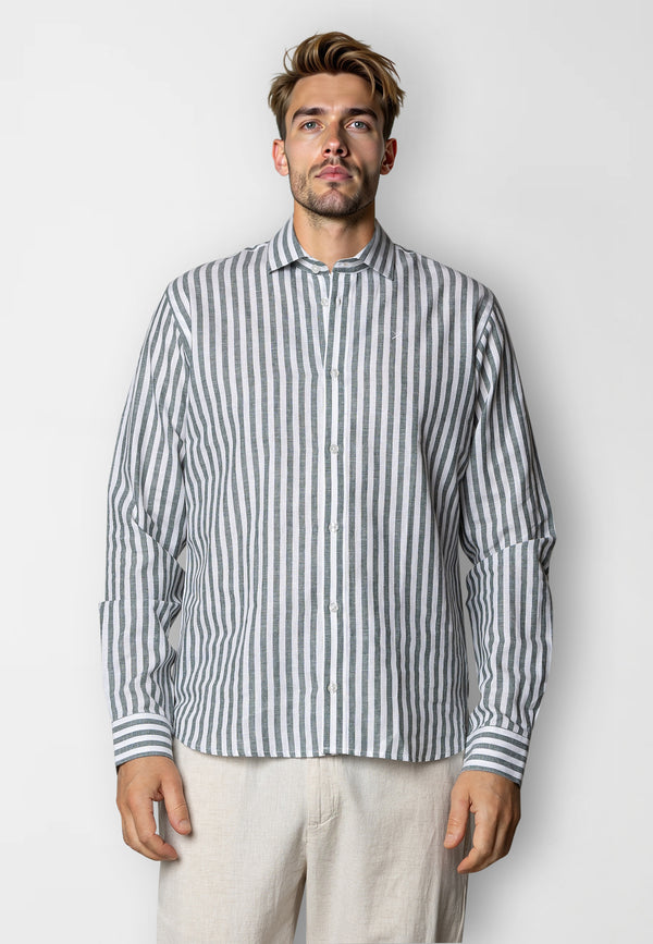 Clean Cut Copenhagen Jamie cotton/linen striped shirt Skjorte L/S Dark green/Ecru