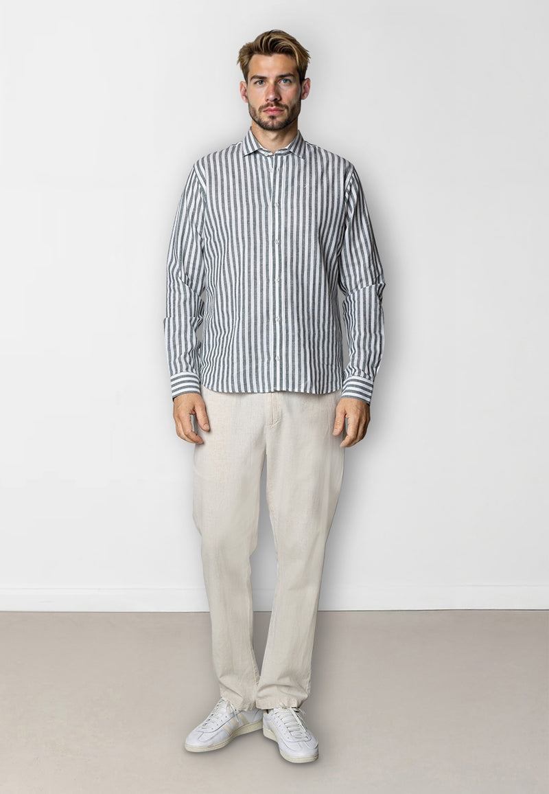 Clean Cut Copenhagen Jamie cotton/linen striped shirt Skjorte L/S Dark green/Ecru