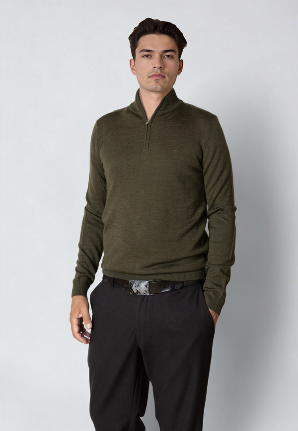 Clean Cut Copenhagen MERINO 1/2 ZIP JUMPER Strik Army Melange