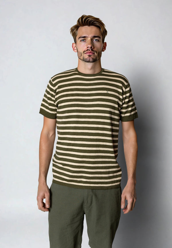 Clean Cut Copenhagen Thomas stripe knitted t-shirt T-shirts S/S Army/Ecru striped