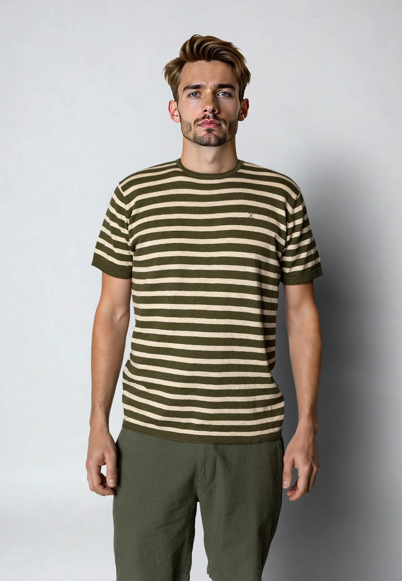 Clean Cut Copenhagen Thomas stripe knitted t-shirt T-shirts S/S Army/Ecru striped