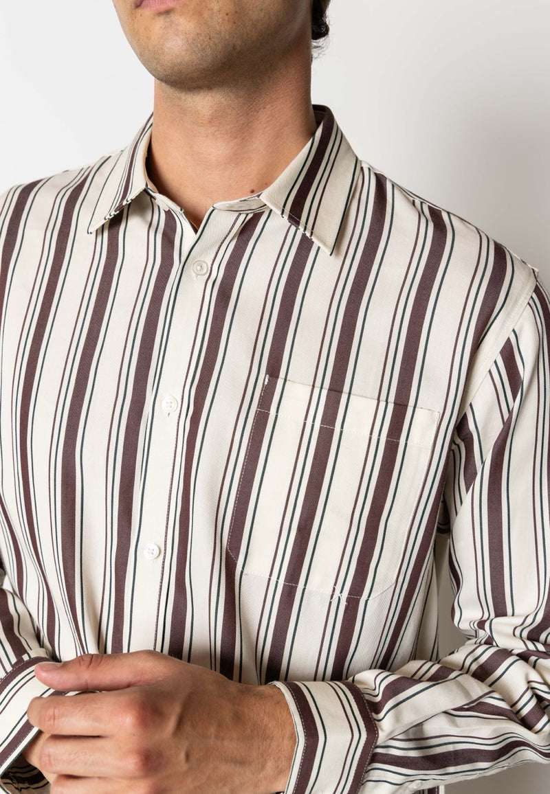 Clean Cut Copenhagen Willum lyocell shirt Skjorte L/S Ecru/Dark Plum striped
