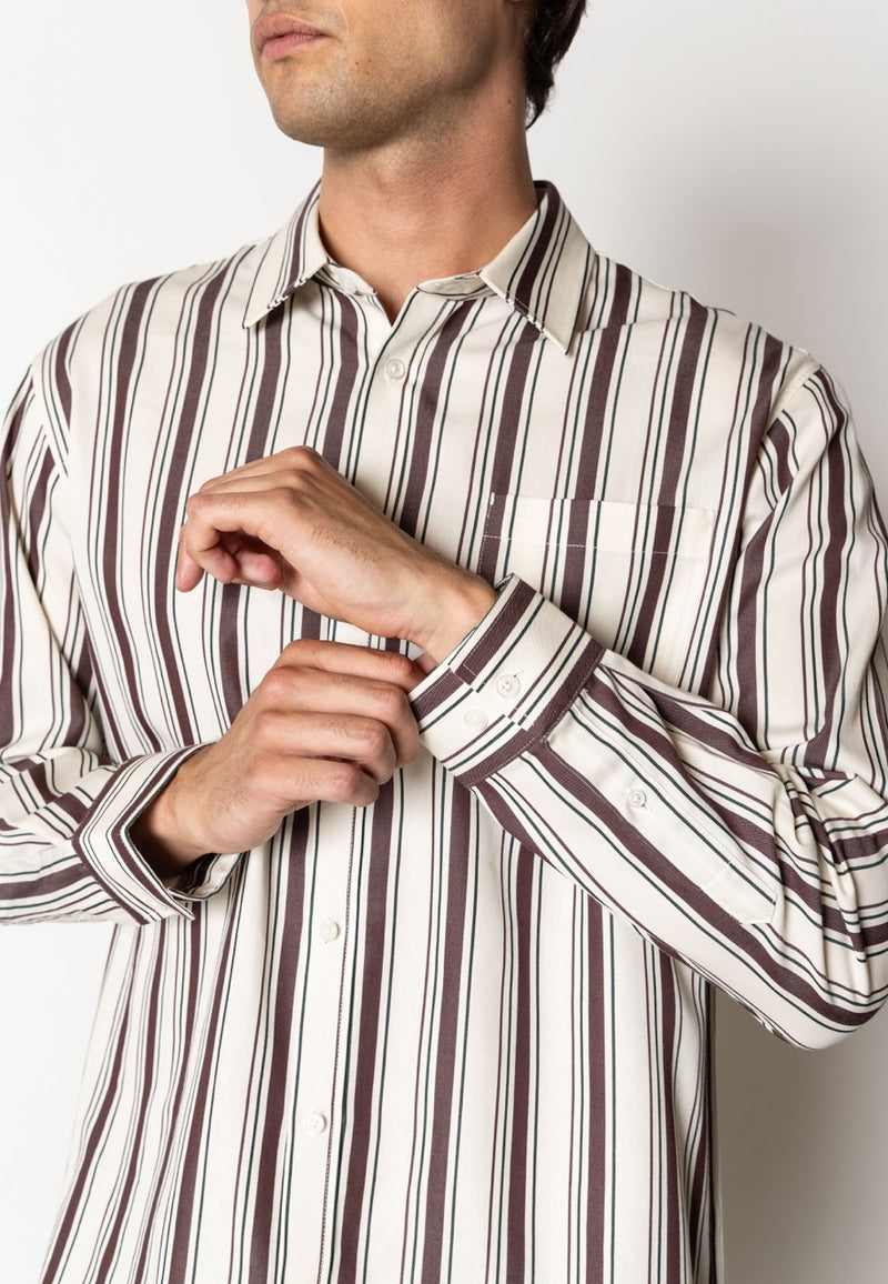 Clean Cut Copenhagen Willum lyocell shirt Skjorte L/S Ecru/Dark Plum striped