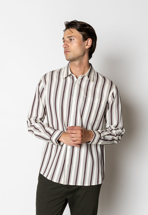 Clean Cut Copenhagen Willum lyocell shirt Skjorte L/S Ecru/Dark Plum striped