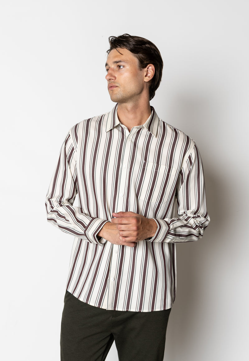 Clean Cut Copenhagen Willum lyocell shirt Skjorte L/S Ecru/Dark Plum striped